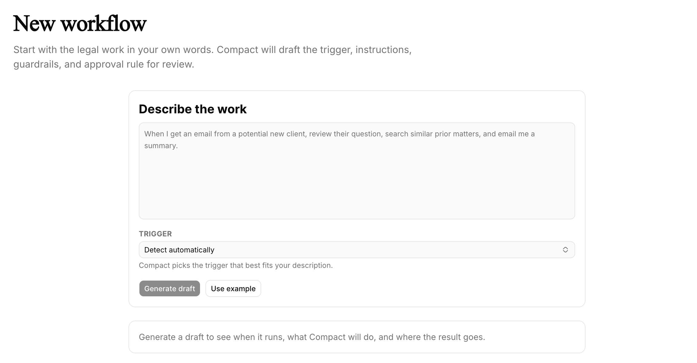 The New workflow page, where you describe the work in plain English